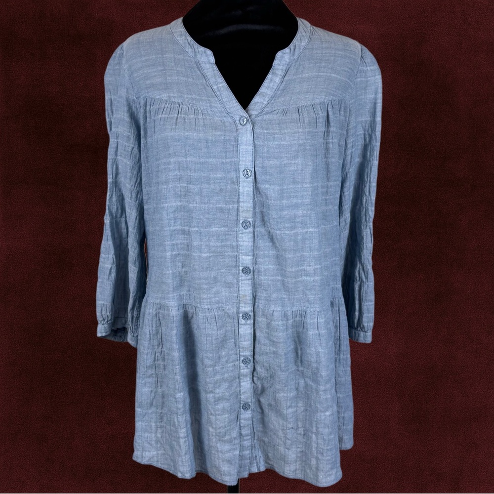 90s Japanese Women's Button-Down Denim Lightweight Blouse 3/4 Sleeve